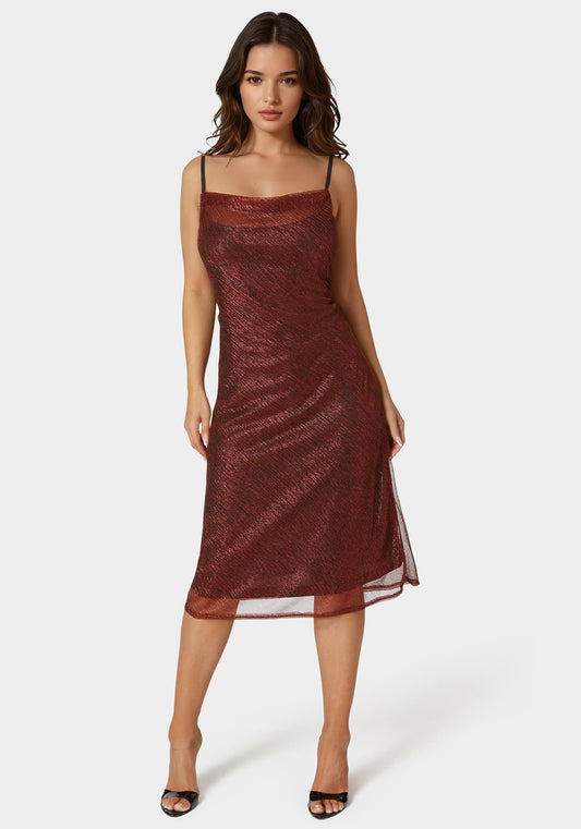 Pleated Cowl Neck Midi Dress Red - bebe Red - bebe