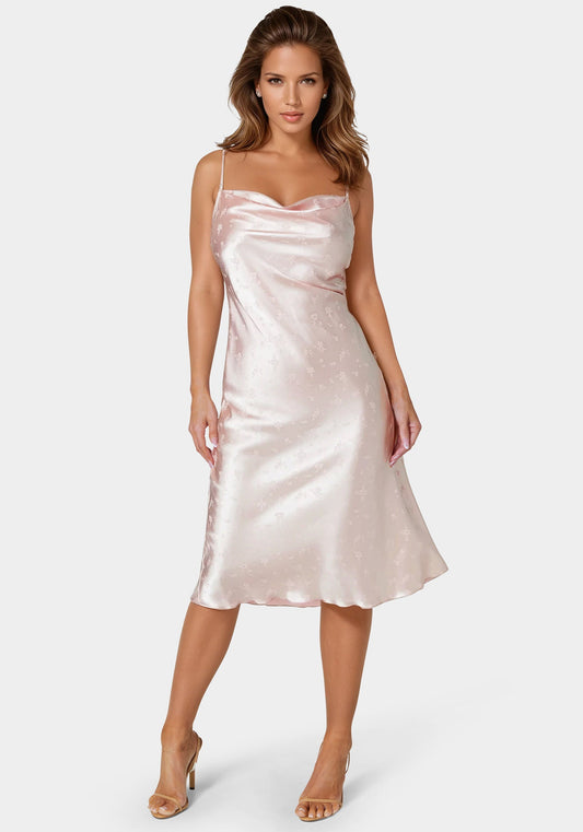 Cowl Neck Midi Satin Jacquard Dress Blush - bebe