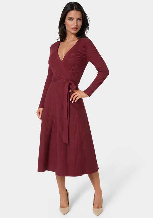 Fit and Flare Midi Sweater Dress Wine - bebe