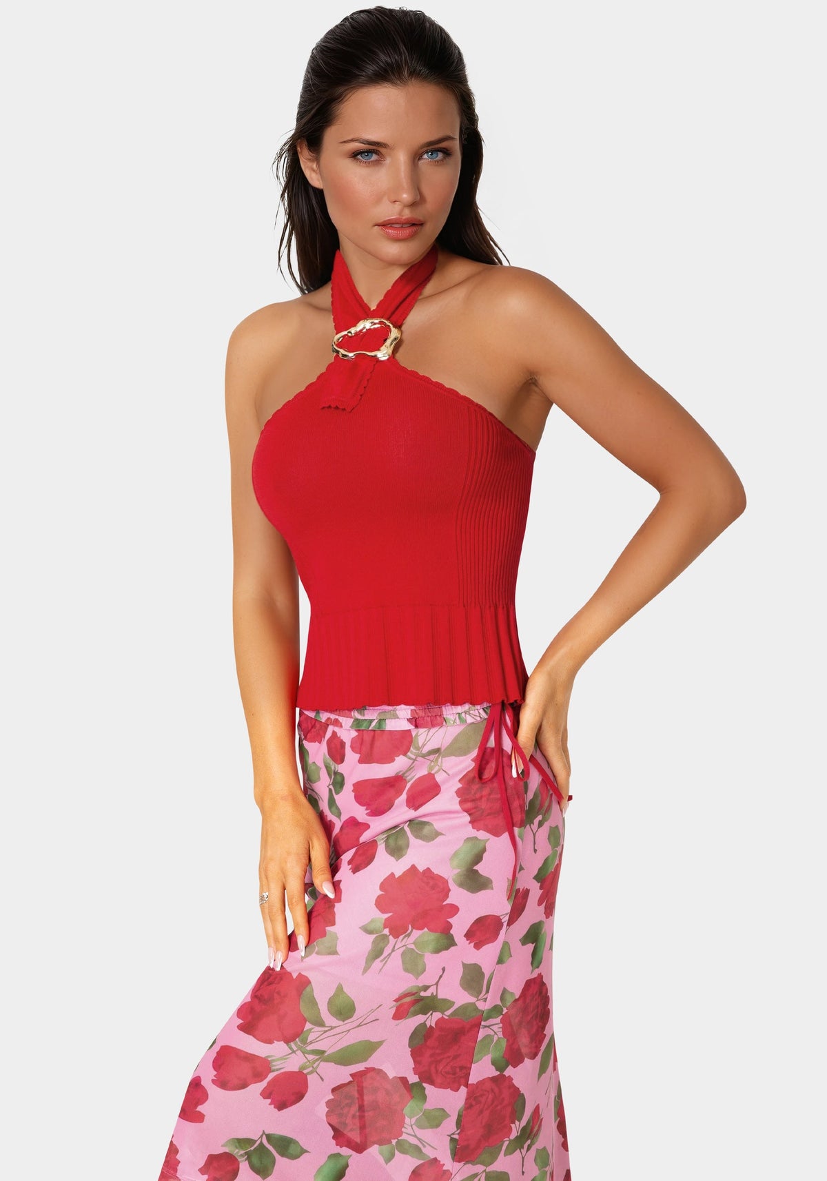 Halter Neck Ribbed-Knit Top Tango Red - bebe