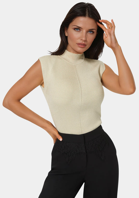 Metallic Mock Neck Pointelle Sweater Gold - bebe