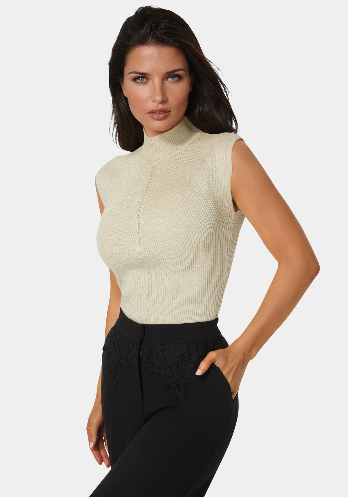 Metallic Mock Neck Pointelle Sweater Gold - bebe