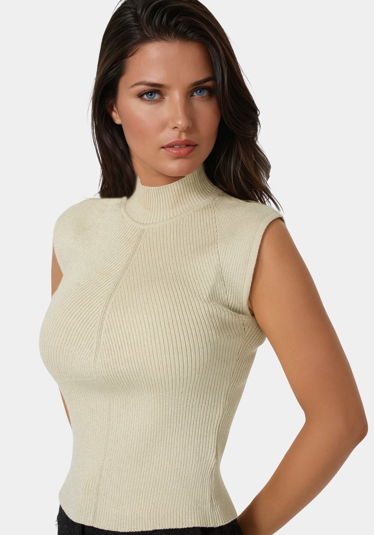 Metallic Mock Neck Pointelle Sweater Gold - bebe