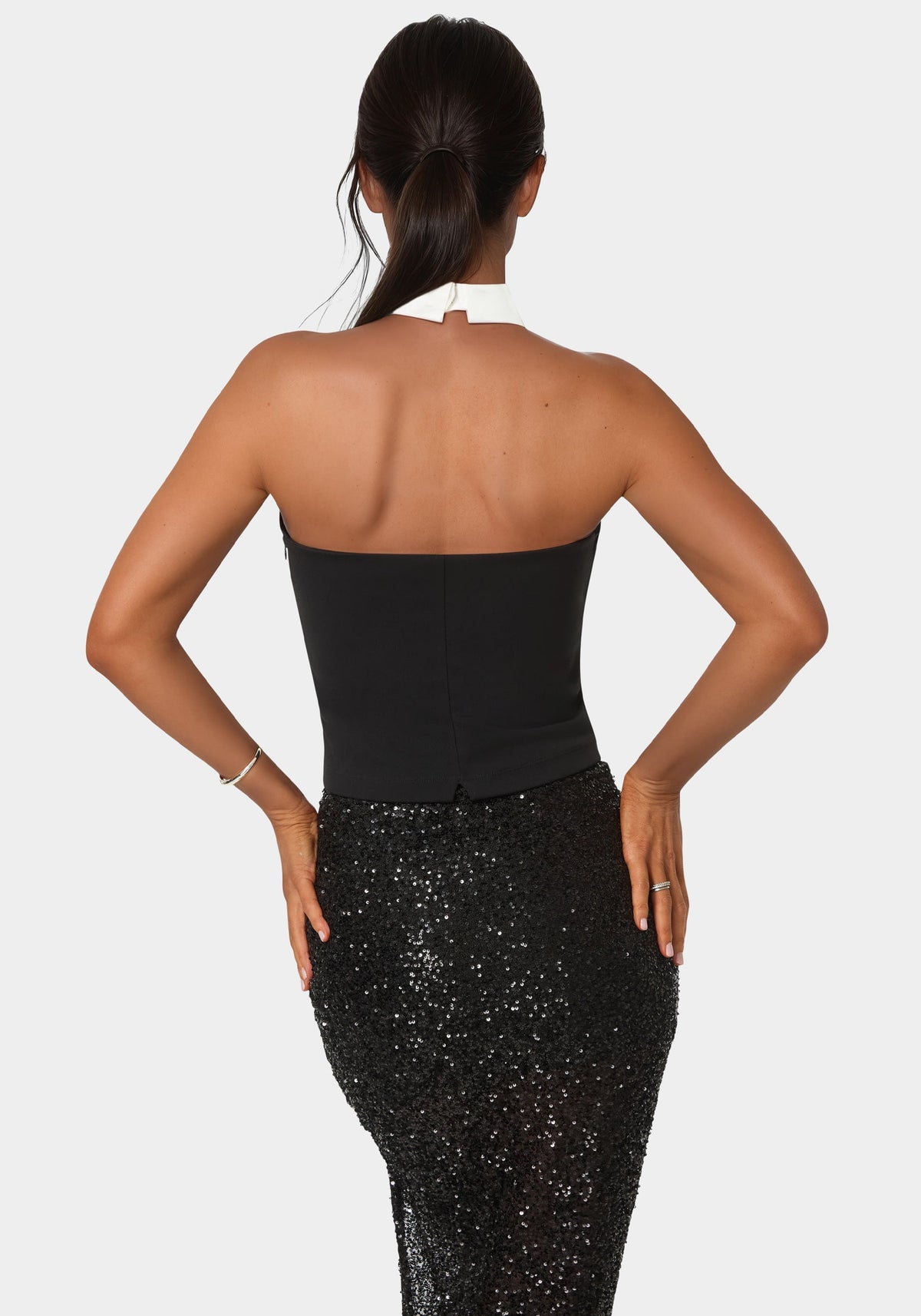 Notched Neckline Tuxedo Top Black / White Alyssum - bebe
