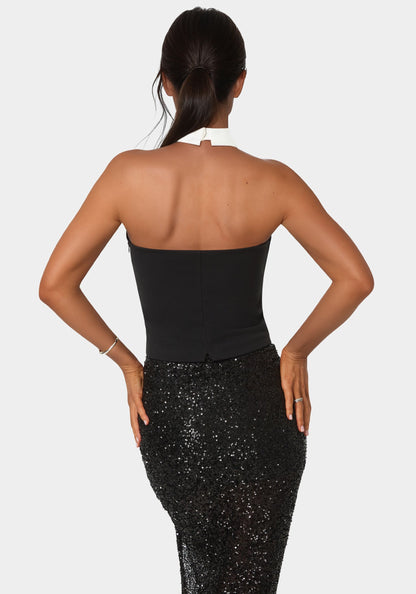 Notched Neckline Tuxedo Top Black / White Alyssum - bebe