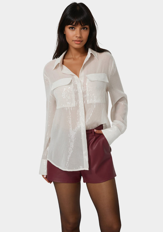 Sequin Long Sleeve Blouse White Alyssum - bebe