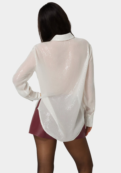 Sequin Long Sleeve Blouse White Alyssum - bebe
