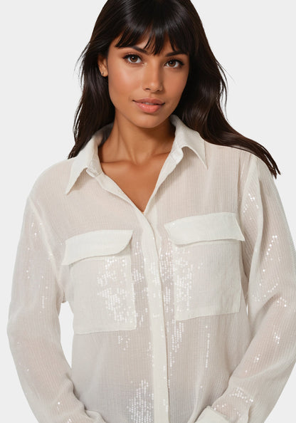 Sequin Long Sleeve Blouse White Alyssum - bebe