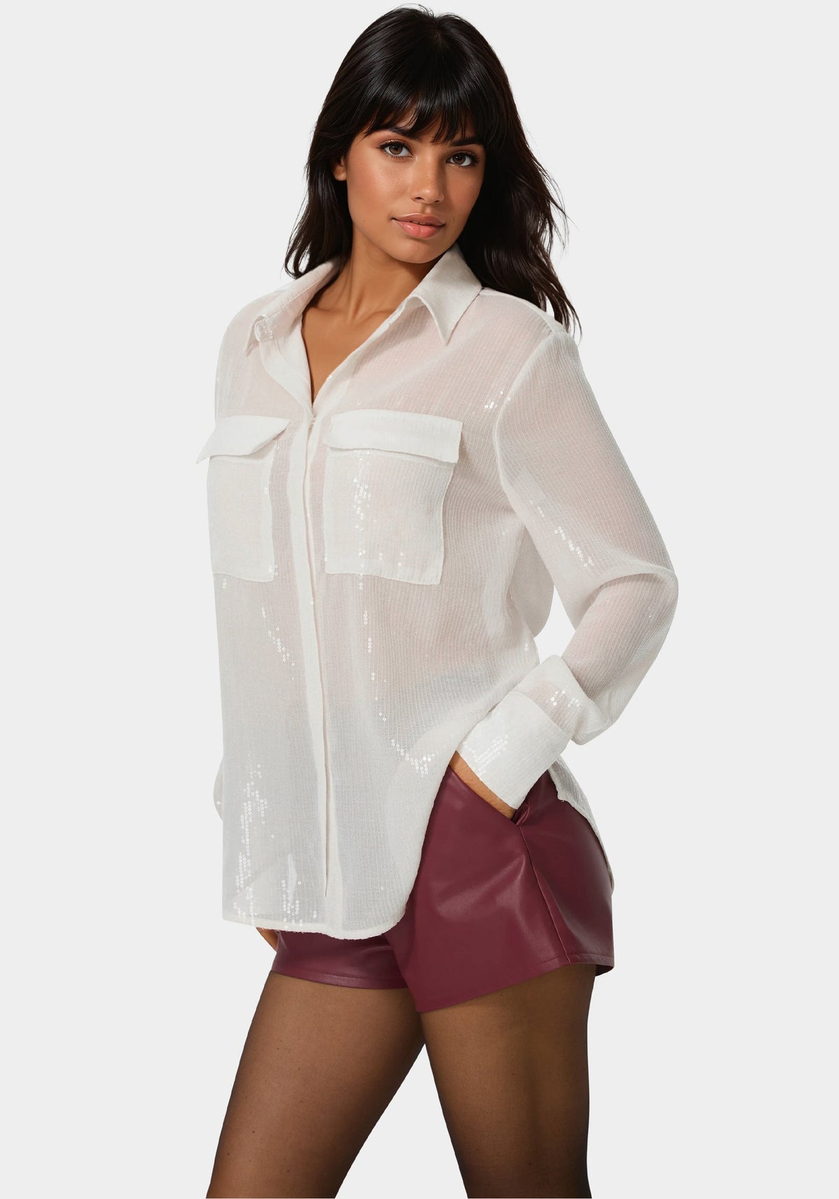 Sequin Long Sleeve Blouse White Alyssum - bebe