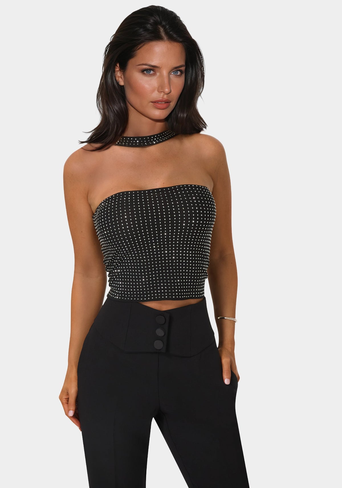 Rhinestone Mesh Halter Top Black - bebe