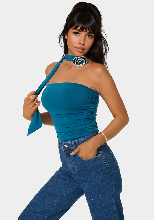 Jewel Rosette Scarf Top Blue Desire - bebe