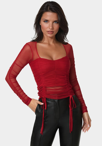 Stretch Mesh Shirring Long Sleeve Top Chili Pepper - bebe