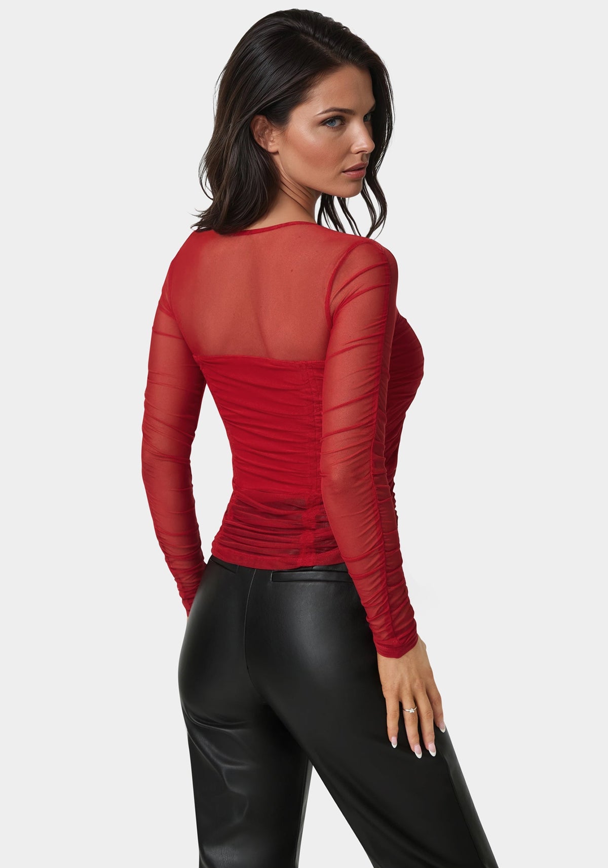 Stretch Mesh Shirring Long Sleeve Top Chili Pepper - bebe