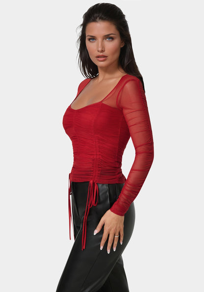 Stretch Mesh Shirring Long Sleeve Top Chili Pepper - bebe