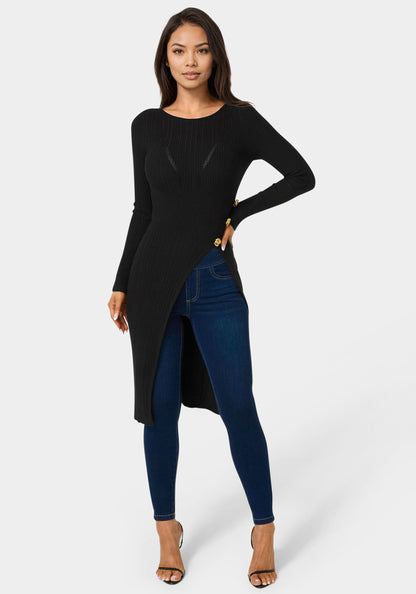 Long Body Side Slit Sweater Black - bebe