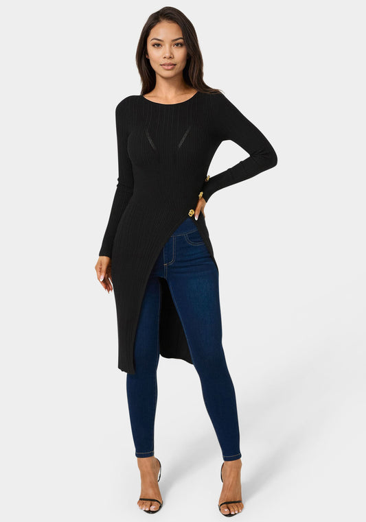 Long Body Side Slit Sweater Black - bebe