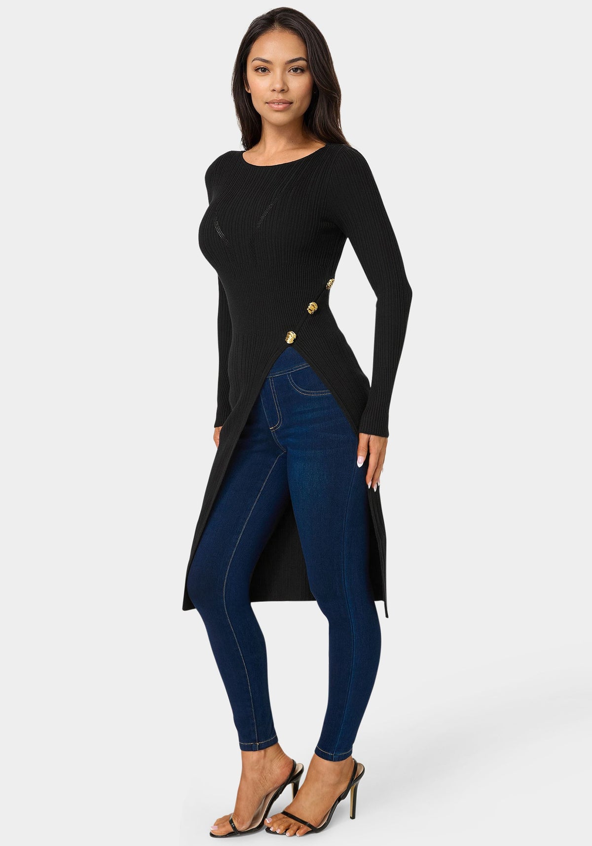 Long Body Side Slit Sweater Black - bebe