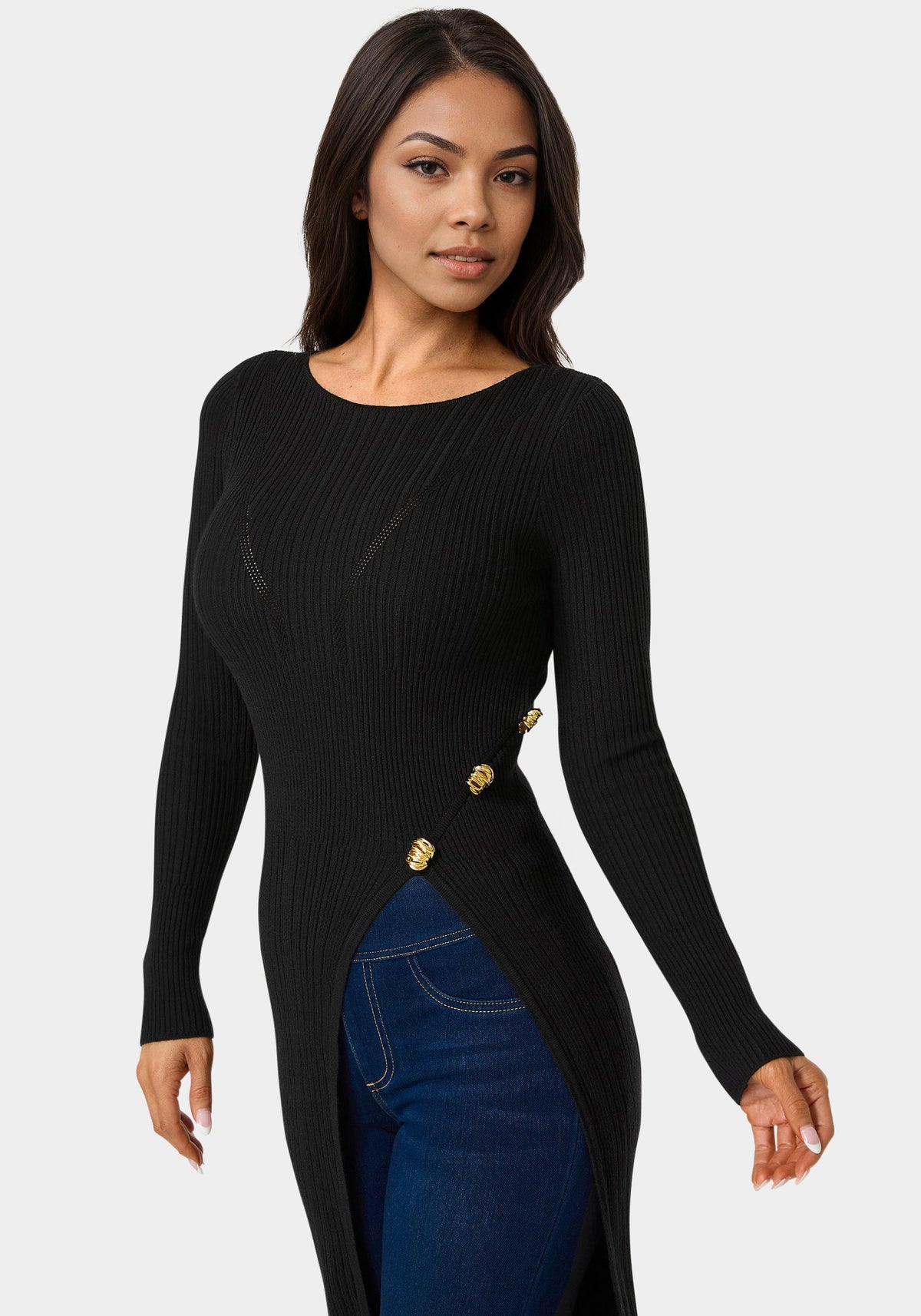 Long Body Side Slit Sweater Black - bebe