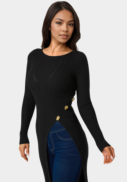 Long Body Side Slit Sweater Black - bebe