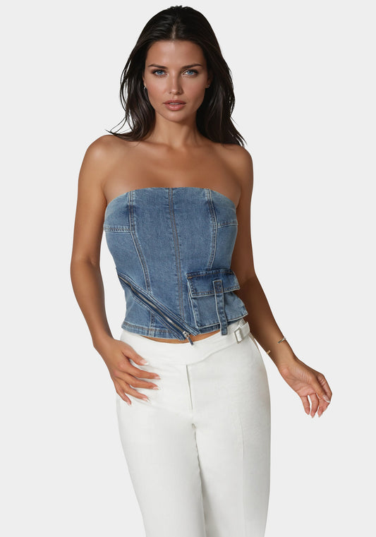 Zipper And Cargo Detail Denim Top Medium Blue Wash - bebe