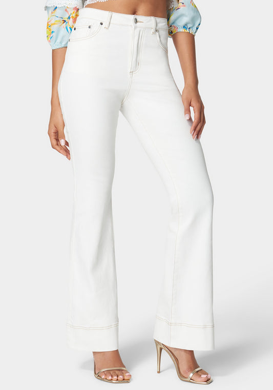 Natural Waist Lace Detail Wide Leg Jeans Soft White Wash - bebe