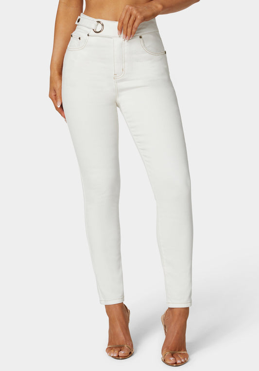 Natural Waist Tab Detail Skinny Jeans Soft White Wash - bebe