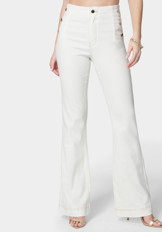 High Waist Flared Wide Leg Button Detail Jeans Soft White Wash - bebe