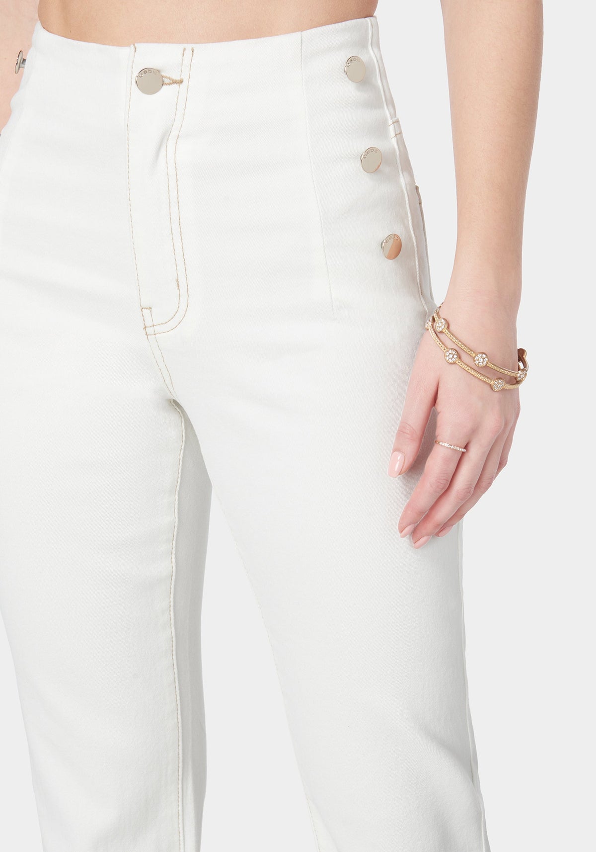 High Waist Flared Wide Leg Button Detail Jeans Soft White Wash - bebe