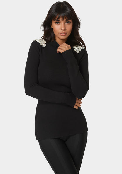 Embellished Mock Neck Tunic Sweater in Black - bebe Black - bebe