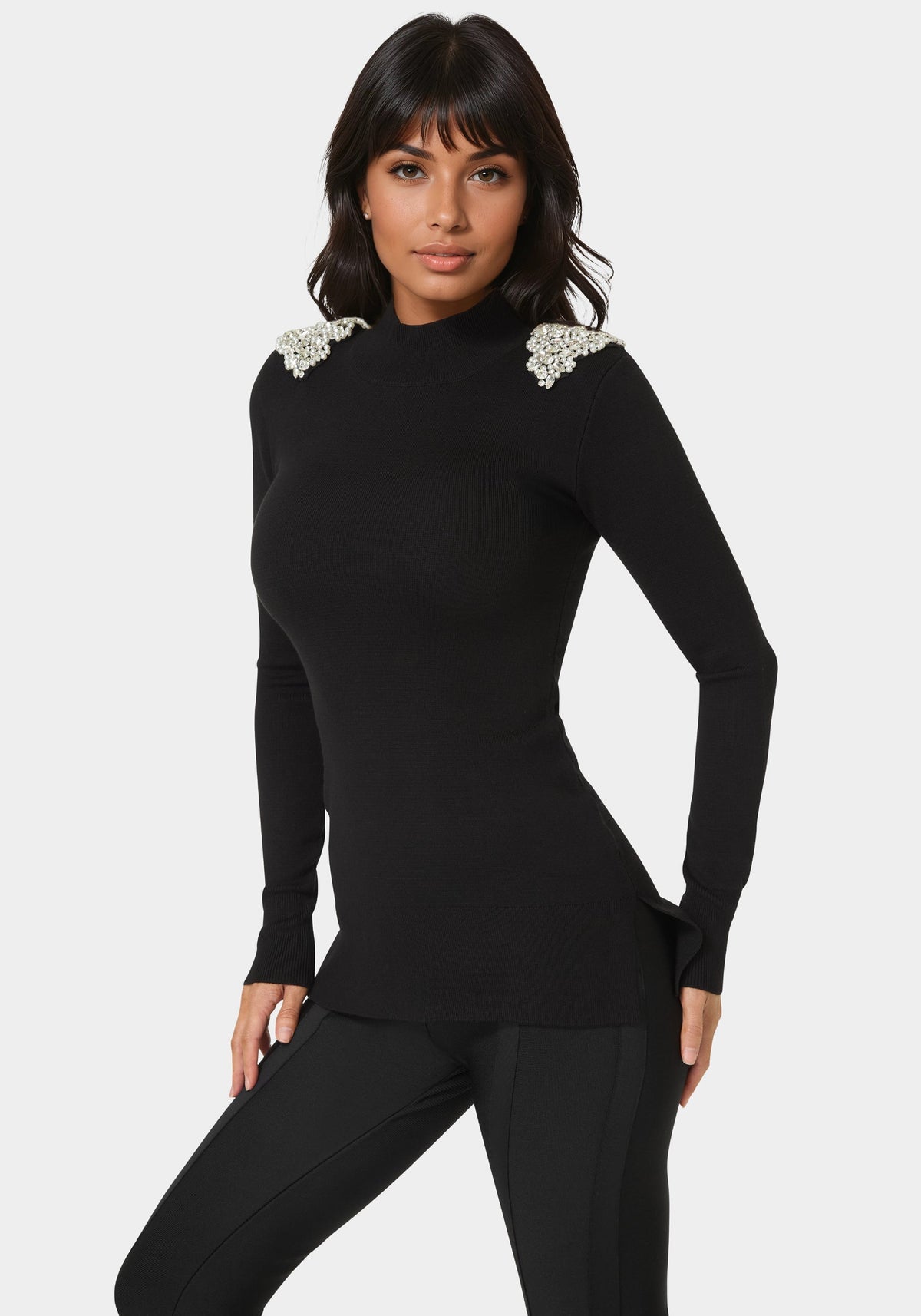 Embellished Mock Neck Tunic Sweater in Black - bebe Black - bebe