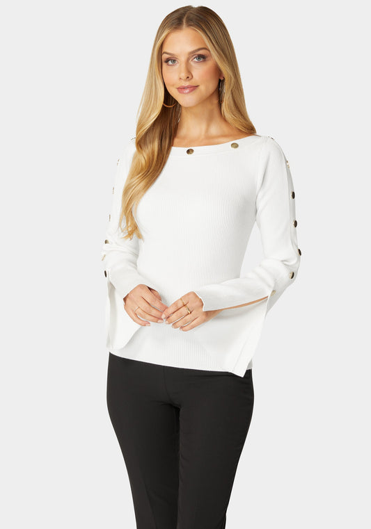 Off Shoulder Bateau Snapped Slit Sweater White Alyssum - bebe White Alyssum - bebe