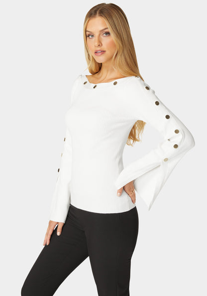 Off Shoulder Bateau Snapped Slit Sweater White Alyssum - bebe White Alyssum - bebe