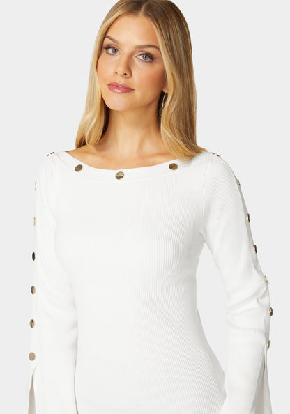 Off Shoulder Bateau Snapped Slit Sweater White Alyssum - bebe White Alyssum - bebe