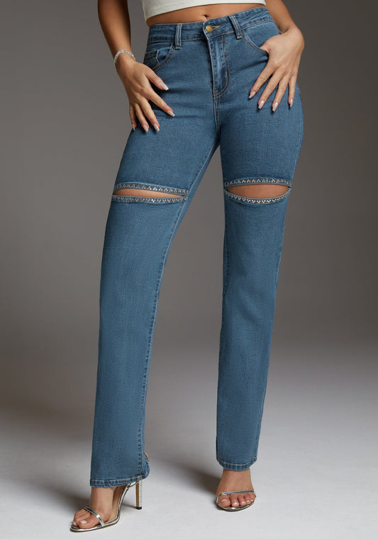 The Bling Slit Jean Medium Blue - bebe