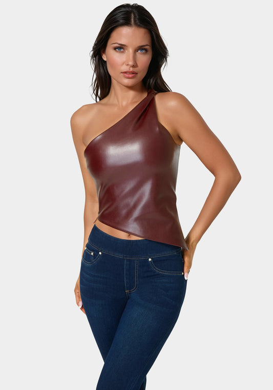Vegan Leather One Shoulder Top Cabernet - bebe