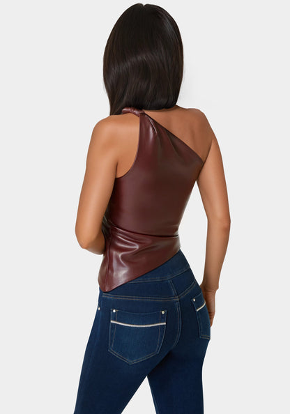 Vegan Leather One Shoulder Top Cabernet - bebe