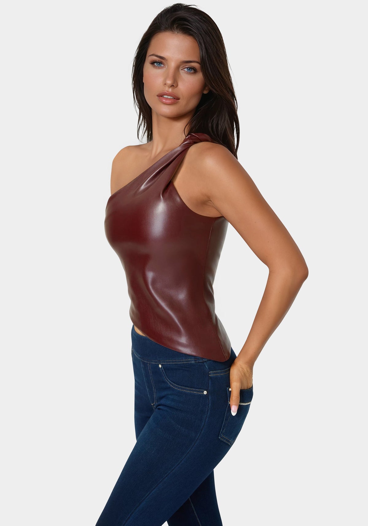Vegan Leather One Shoulder Top Cabernet - bebe