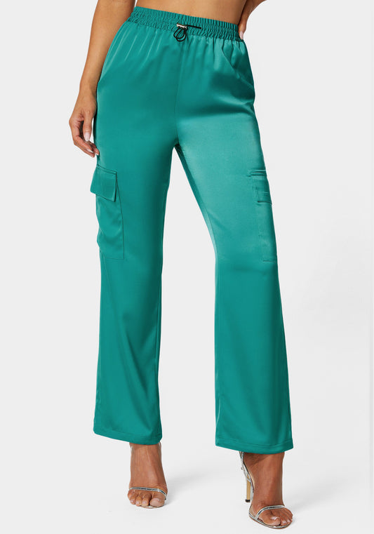 Luxe Satin Cargo Jogger in Tropical Green - bebe Tropical Green - bebe