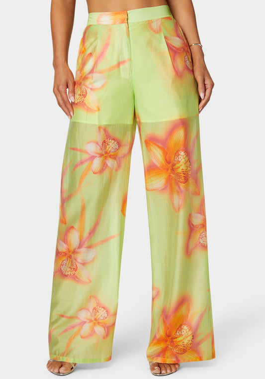 High Waist Palazzo Leg Pull On Pant Orchid Splash Print - bebe Orchid Splash Print - bebe