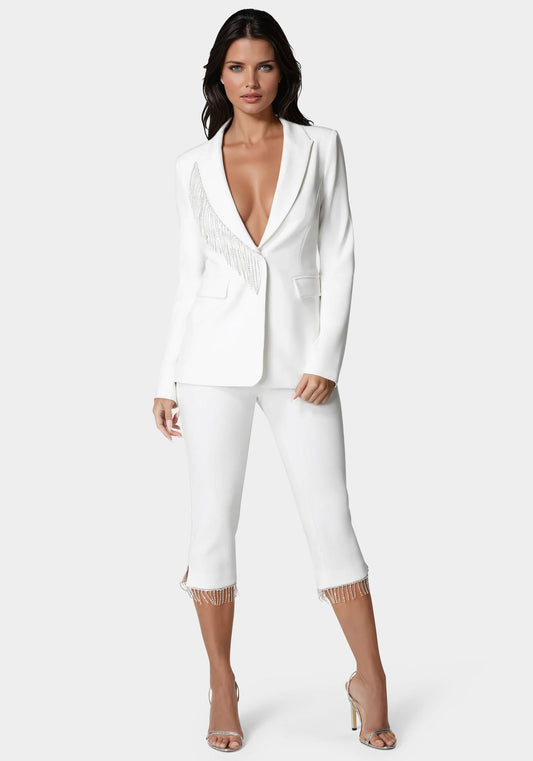 Mid Waist Rhinestone Fringe Capri White Alyssum - bebe White Alyssum - bebe