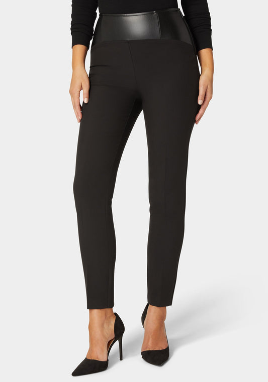 High Waist Vegan Leather Yoke Woven Twill Slim Leg Pant Black - bebe