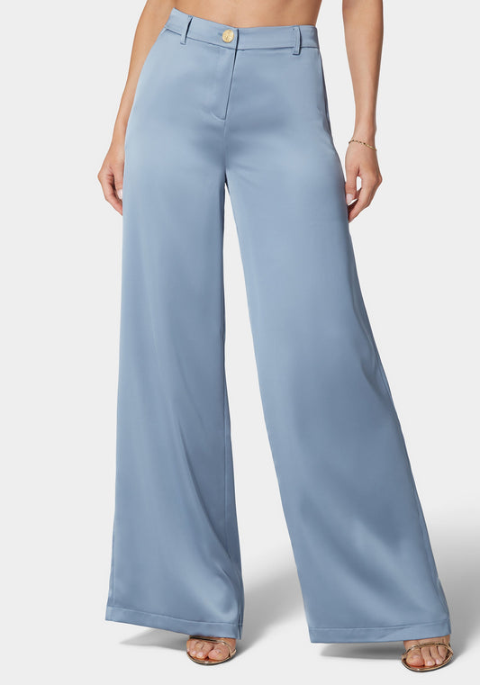 High Waist Ultra Wide Leg Satin Pant Sphere Blue - bebe Sphere Blue - bebe