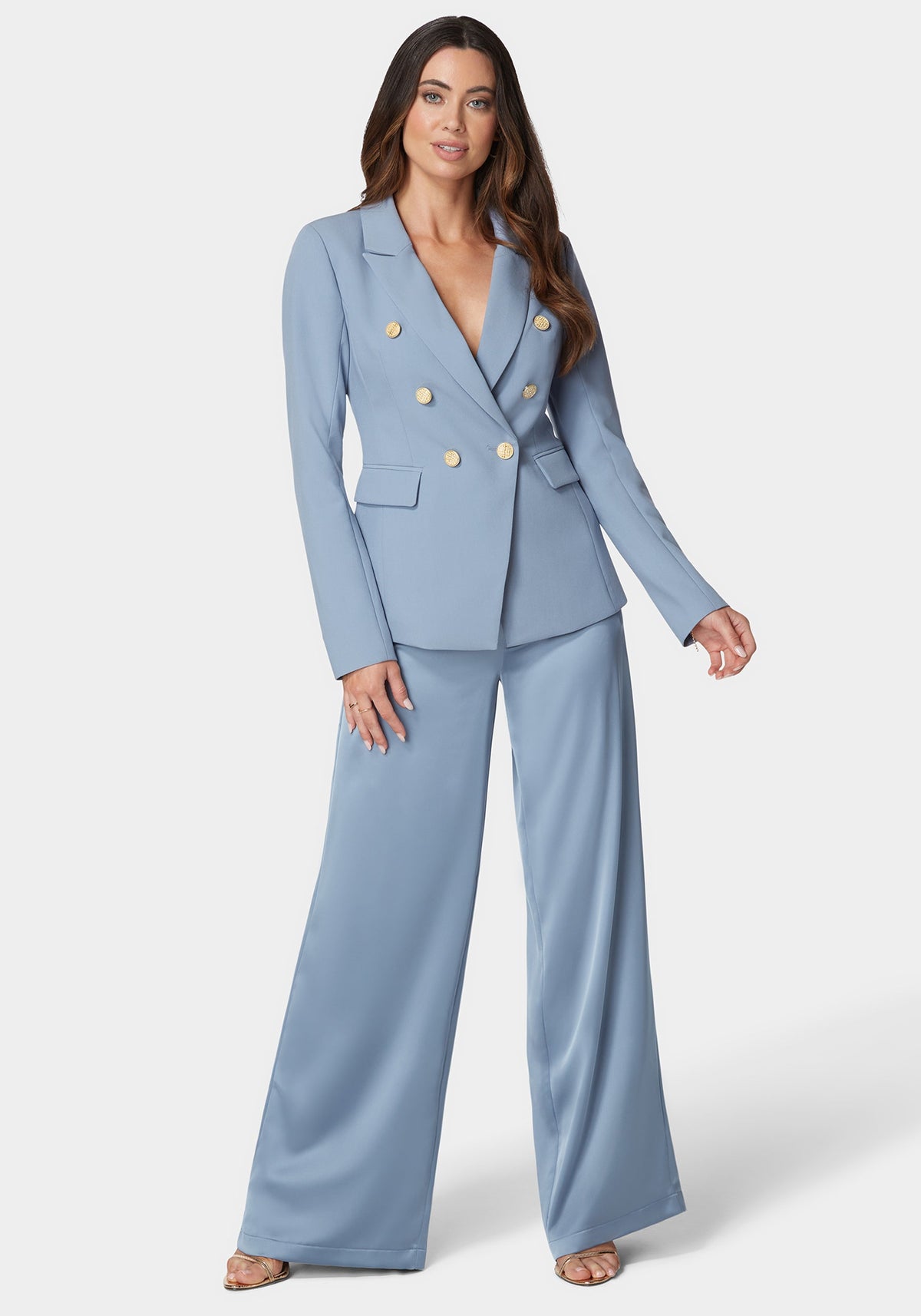 High Waist Ultra Wide Leg Satin Pant Sphere Blue - bebe Sphere Blue - bebe