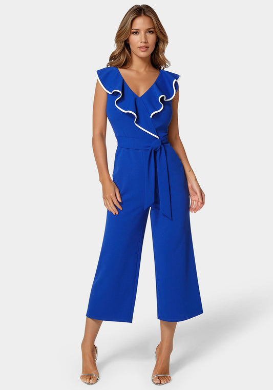 Scuba Crepe Ruffle V-Neck Jumpsuit Royal - bebe