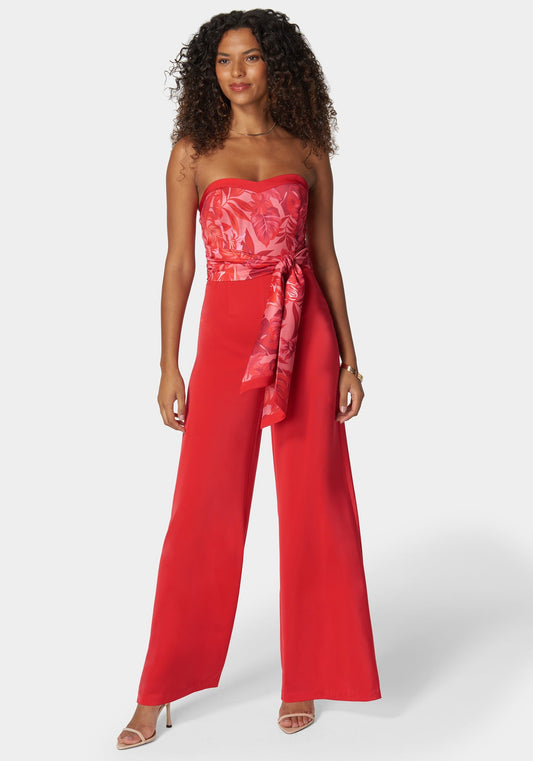 Satin Tie Front Scarf Ultra Wide Leg Jumpsuit Raspberry Tropics - bebe
