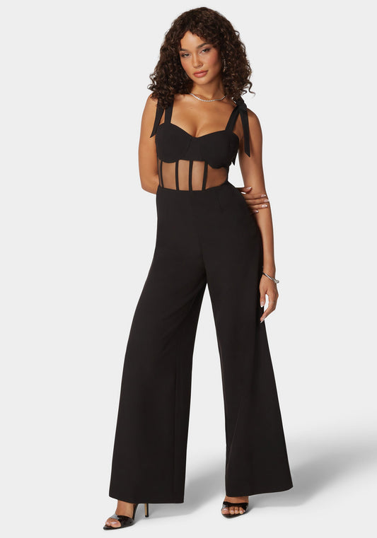 Self Tie Strap Corset Wide Leg Jumpsuit Black - bebe Black - bebe
