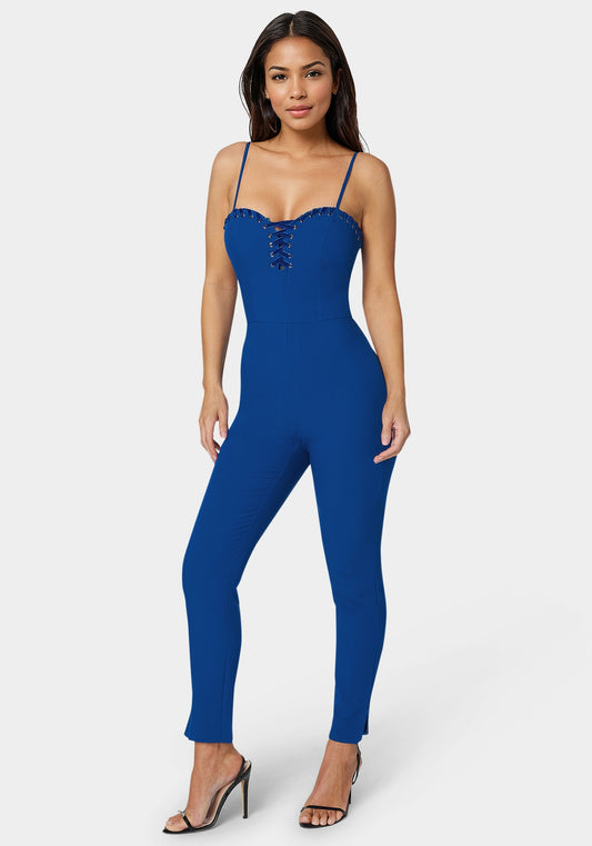 Lace Up Neckline Slim Leg Jumpsuit Galactic Cobalt - bebe