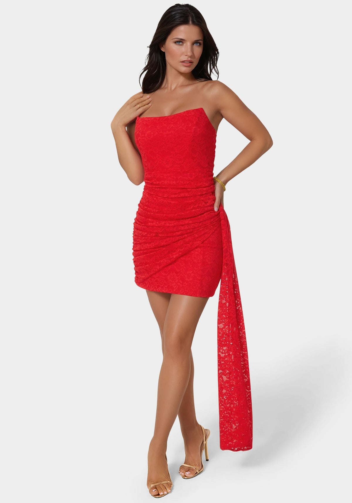 Strapless Lace Drape Detail Mini Dress Red - bebe