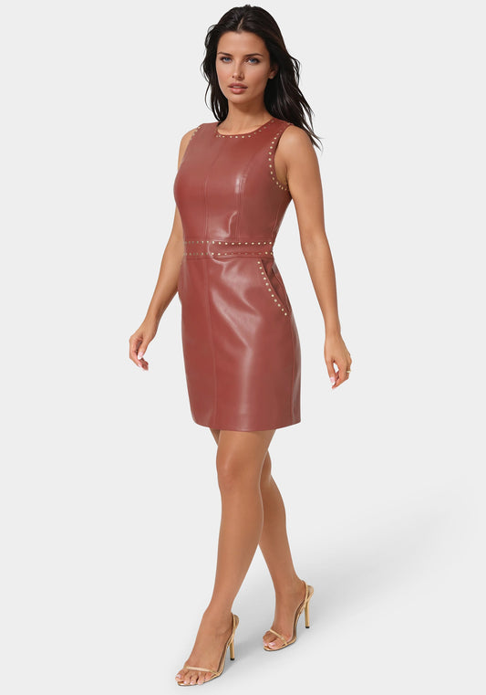 Faux Leather Stud Seam Dress Wine/Bronze - bebe