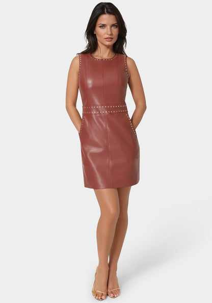 Faux Leather Stud Seam Dress Wine/Bronze - bebe